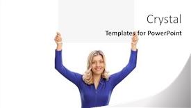  Presentation with racing - Cool new theme with racing woman holding a banner over her head isolated on white background backdrop and a white colored foreground