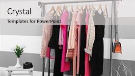  Presentation with clothes - Presentation design consisting of rack - female clothes on hangers background and a light gray colored foreground