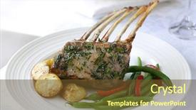  Presentation with brown bear baby shoes - Audience pleasing slides consisting of rack of lamb with rosemary and parsley served with baby roast potatoes and green beans backdrop and a tawny brown colored foreground