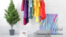  Presentation with clothing wooden clothes hanger object - Slides having rack with rainbow clothes near brick wall background and a light blue colored foreground