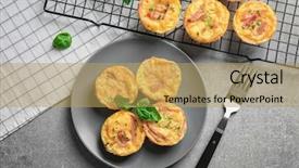  Presentation with egg - Audience pleasing PPT theme consisting of rack with tasty egg muffin backdrop and a yellow colored foreground