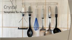  Presentation with kitchen utensils - Slide deck having rack-with-typical-kitchen-utensils background and a  colored foreground