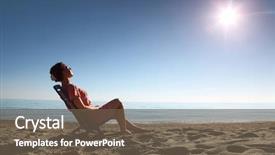 Presentation with sea shore - Slide deck enhanced with radiacion - woman sits on plastic chair background and a tawny brown colored foreground
