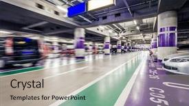  Presentation with traffic engineering parking - Colorful PPT theme enhanced with radial arrows - underground parking aisle backdrop and a light gray colored foreground