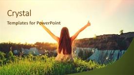  Presentation with woman hands raised to sky - PPT layouts enhanced with radiance - relaxed young happy woman background and a cream colored foreground