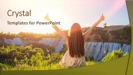  Presentation with peaceful - Colorful slides enhanced with radiance - relaxed young happy woman backdrop and a cream colored foreground