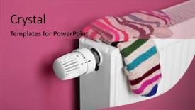  Presentation with knitted knitting needle - PPT theme having radiating - warm knitted mittens drying background and a coral colored foreground