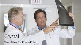  Presentation with hospital - Beautiful slide deck featuring radiation aging - two male doctors reviewing x-ray backdrop and a sky blue colored foreground