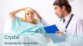  Presentation with female - Slide set featuring radiation therapy - young handsome doctor visiting female background and a sky blue colored foreground