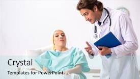  Presentation with doctor visiting family - Beautiful PPT theme featuring radiation therapy - young handsome doctor visiting female backdrop and a sky blue colored foreground