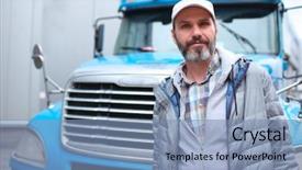  Presentation with retro - Colorful presentation theme enhanced with radiator car - mature bearded man against retro backdrop and a teal colored foreground