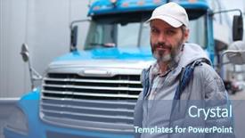  Presentation with radiator car - Colorful theme enhanced with radiator car - mature bearded man against retro backdrop and a ocean colored foreground