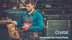  Presentation with radiator car - Cool new slide deck with radiator car - mechanic with pneumatic tool backdrop and a ocean colored foreground