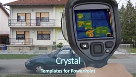  Presentation with radiator car - Beautiful PPT theme featuring radiator car - thermal image of two houses backdrop and a ocean colored foreground