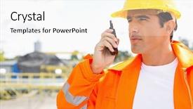  Presentation with walkie talkie - Slides consisting of radio communications - male construction worker communicating background and a pink colored foreground