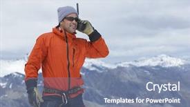  Presentation with walkie talkie - Presentation theme consisting of radio communications - male hiker using walkie talkie background and a seafoam green colored foreground