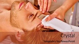  Presentation with beauty salon - PPT theme with radio frequency - man receiving electric facial ultrusound background and a red colored foreground