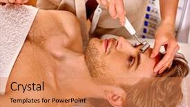  Presentation with face massage spa skin - Presentation enhanced with radio frequency - young man looking up receiving background and a coral colored foreground