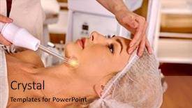  Presentation with beauty cosmetic - Slide set with radio frequency - young woman in cosmetic hat background and a coral colored foreground