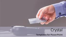  Presentation with pay - Presentation design featuring radio frequency identification - man using card to express background and a light gray colored foreground