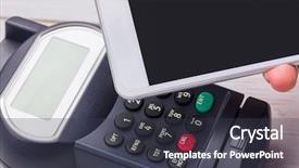  Presentation with pay - Colorful slide deck enhanced with radio frequency identification - man using smartphone to express backdrop and a  colored foreground