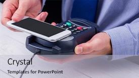  Presentation with pay - PPT theme consisting of radio frequency identification - man using smartphone to express background and a light blue colored foreground