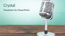  Presentation with light blue - Audience pleasing PPT layouts consisting of old metal microphone on wooden backdrop and a sky blue colored foreground