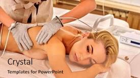  Presentation with beauty salon - Cool new PPT theme with radio therapy - young white woman receiving electrophoresis backdrop and a coral colored foreground