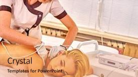  Presentation with beautician - Cool new PPT theme with radio therapy - young woman receiving electric massage backdrop and a  colored foreground