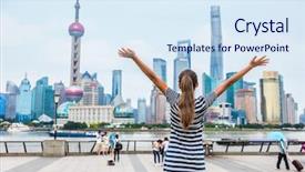  Presentation with radio tower - Colorful slide deck enhanced with radio tower - happy success person with arms backdrop and a sky blue colored foreground