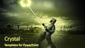  Presentation with nuclear - Slide set consisting of radioactive isotopes - man in respirator against nuclear background and a  colored foreground