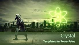  Presentation with nuclear - Colorful presentation design enhanced with radioactive isotopes - man in respirator against nuclear backdrop and a  colored foreground