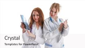  Presentation with multiracial team of young doctors stacking hands - Colorful slide set enhanced with radiography inspection - young female doctors with x-ray backdrop and a  colored foreground