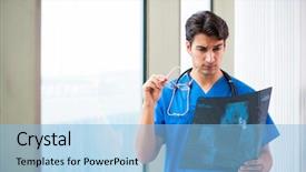  Presentation with hospital - Cool new slide deck with radiological - young handsome doctor working backdrop and a light blue colored foreground