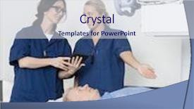  Presentation with radiologist - Colorful presentation theme enhanced with radiation protection radiology - radiologist gesturing towards patient while backdrop and a sky blue colored foreground