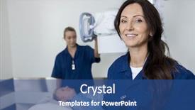  Presentation with radiologist - Slide deck having radiologist smiling while colleague taking patient's xray background and a ocean colored foreground