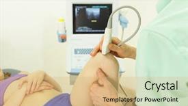  Presentation with ultrasound - Slide deck featuring children radiology - ultrasound of caucasian girl's knee-joint background and a coral colored foreground