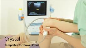  Presentation with ultrasound - Slide deck with children radiology - ultrasound of white girl's knee-joint background and a coral colored foreground