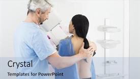  Presentation with test - Presentation theme having radiology breast - doctor assisting woman undergoing mammogram background and a light blue colored foreground