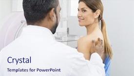  Presentation with asian doctor obese patient - Beautiful presentation design featuring radiology breast - doctor preparing patient for mammogram backdrop and a sky blue colored foreground