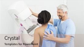  Presentation with radiology - Slide deck consisting of radiology breast - happy doctor assisting patient undergoing background and a coral colored foreground