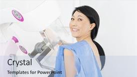  Presentation with test - Colorful presentation enhanced with radiology breast - happy woman undergoing mammogram x-ray backdrop and a light blue colored foreground