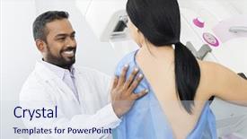  Presentation with test - PPT theme consisting of radiology breast - smiling doctor assisting woman undergoing background and a sky blue colored foreground