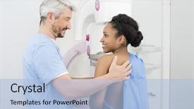  Presentation with test - PPT layouts featuring radiology breast - smiling doctor looking at female background and a light blue colored foreground