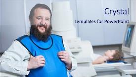  Presentation with radiology - Presentation featuring radiology specialist portrait smiling male background and a sky blue colored foreground
