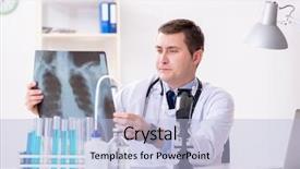  Presentation with lab - Beautiful slide deck featuring male doctor looking at lab results in hospital backdrop and a light blue colored foreground