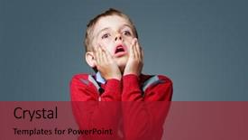  Presentation with grey change the job - Slide set having rageful children - scared boy isolated against grey background and a crimson colored foreground