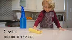  Presentation with custodial cleaning - Slides featuring ragged - boy cleaning kitchen worktop background and a  colored foreground