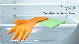  Presentation with refrigerator - Amazing PPT theme having ragged - cleaning rag and protective glove backdrop and a  colored foreground