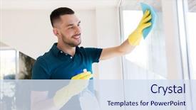  Presentation with rubber gloves - PPT layouts enhanced with ragged - household and people concept background and a sky blue colored foreground